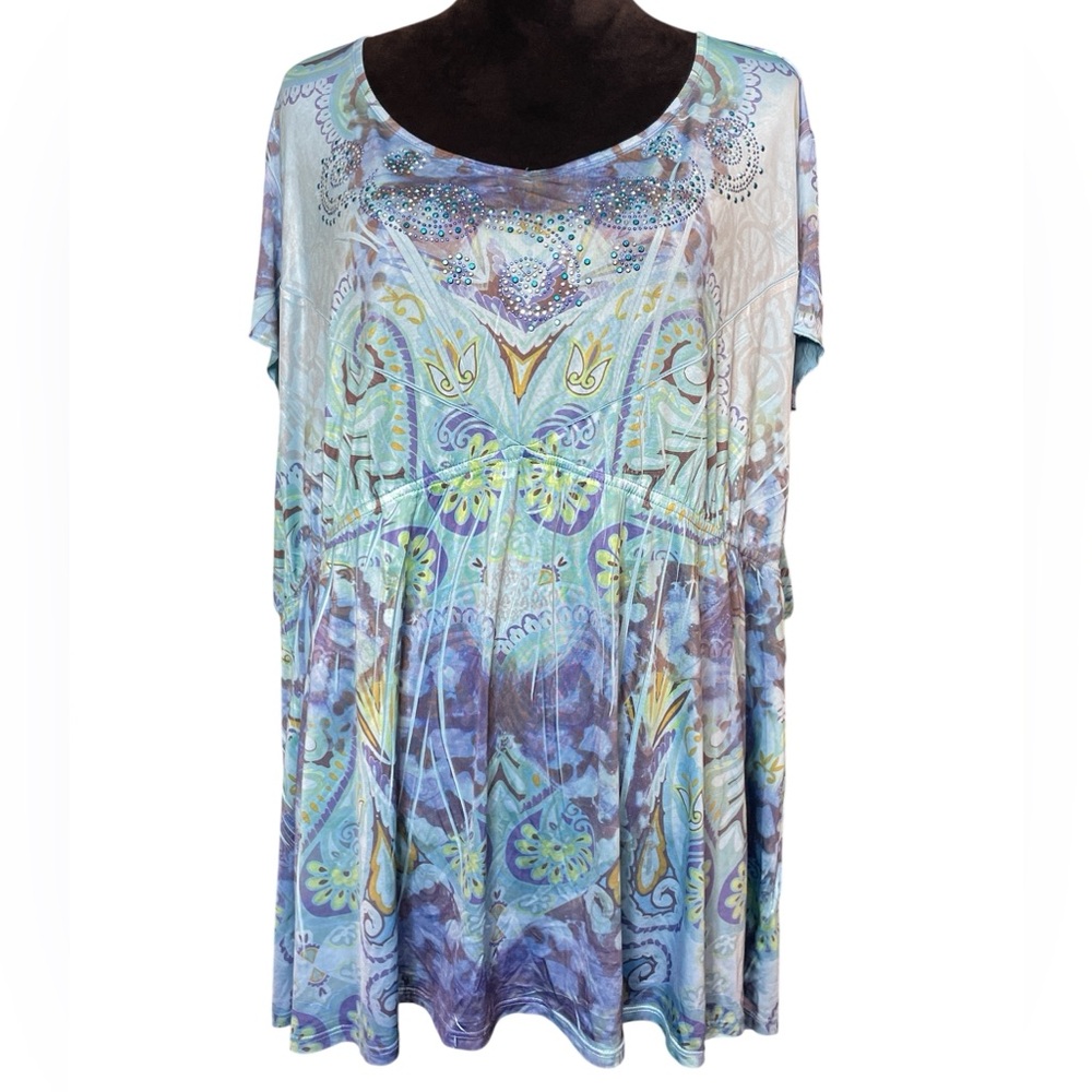Cato Women's Blue Printed Short Sleeve Blouse/Top